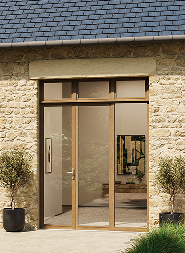 porte fenêtre bois Arbella avec ensemble composé fixe et imposte, rénovation maison en pierre - GIMM Menuiseries